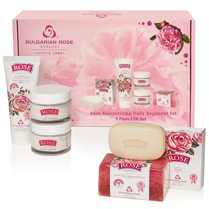 Bulgarian Rose Moisturizing Daily Regimen 5 Piece Gift Set - Rose Day Cream, Rose Night Cream, Exfoliating Face Mask, Rose Soap, Rose Soap Sponge