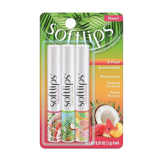 Softlips Spring Tropical Lip Balms 3-Pack - Hydrating Lip Care Set with Watermelon, Tropical Coconut, and Peach Passion Flavors