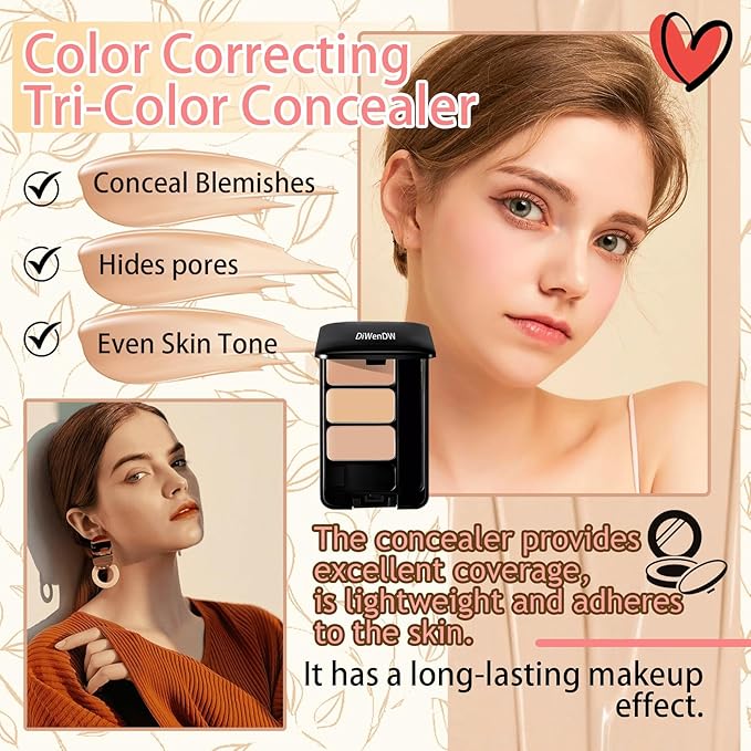 3 Colors Corrector Palette,Moisturizing Long Lasting Waterproof Cream Contour Makeup Palette,Color Correcting Concealer,Natural Flawless Full Coverage Liquid Foundation Set with Makeup Brushes