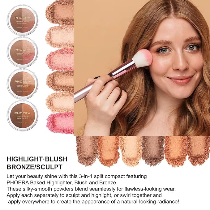 Baked Blush Highlight Bronze Powder 3-in-1 Contour Palette Sculpt Satin Silky Smooth Makeup Palettes Powder (004-Deep)