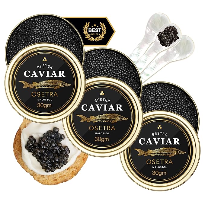 OVERNIGHT GUARANTEED, BESTER Premium Russian Osetra Sturgeon Caviar - 3 tins of 1 oz -30G (Trio Pack) - Malossol Ossetra Black Roe - Premium Quality, Traditional Style, imported