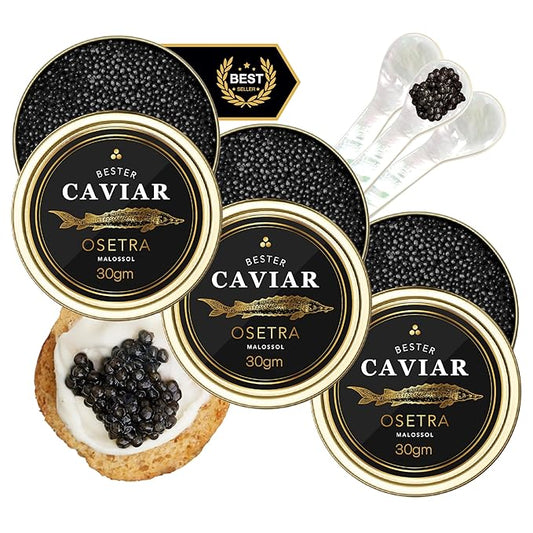 OVERNIGHT GUARANTEED, BESTER Premium Russian Osetra Sturgeon Caviar - 3 tins of 1 oz -30G (Trio Pack) - Malossol Ossetra Black Roe - Premium Quality, Traditional Style, imported