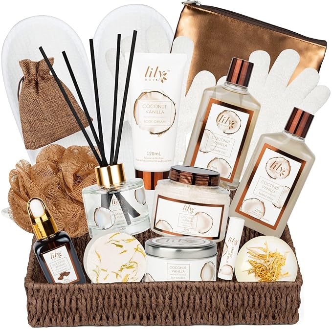 Bath and Body Gift Basket Set for Women - Coconut Vanilla Spa Gift Basket for Women 17-Piece Luxury Bath Gift Set with Shower Gel Self Care Pampering Gifts for Mothers Day, Christmas, Birthday Gifts