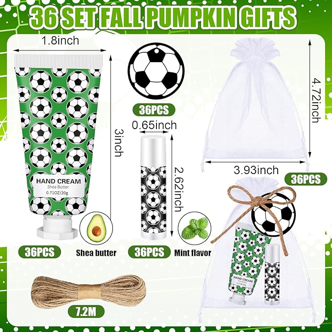 36 Sets Soccer Lip Balm Hand Cream Set soccer Party Favors, Include 36 Lip Balm 36 Moisturizing Hand Cream 36 Bags 36 Cards and Ropes for Soccer Accessories Gifts