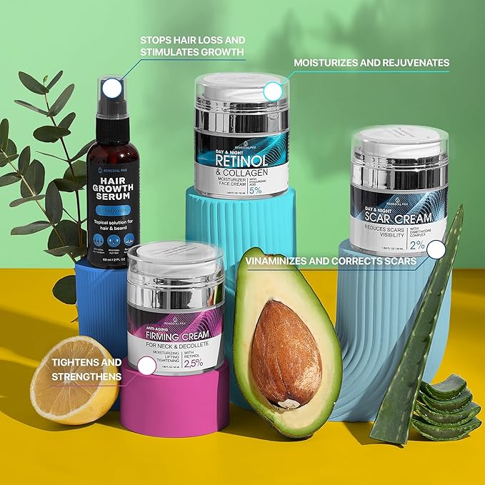 Skincare Gift Set, 10 Anti-Aging Beauty Products for Women & Men, Facial Creams & Moisturizers, Hair Growth Serum, & Hemp Cream, for Hair, Neck, Dark Spots, Scars, Dark Circles, & Dry Skin