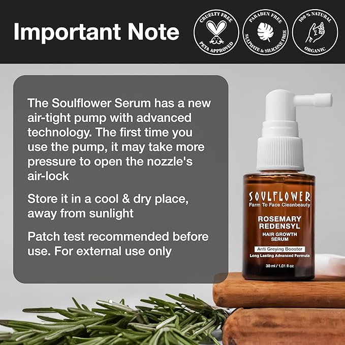 Soulflower Rosemary Redensyl Hair Growth Serum | 3% Redensyl, 4% Anagain, Melanogray, Caffeine, Biotin, Keratin, Tea Tree, Chia Seeds, Rice Water | Men, Women | 30 ml