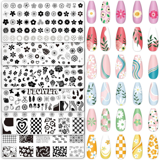 Whaline 6Pcs Simple Floral Nail Plates Stamping Set Flower Leaves Stamp Templates Nail Art Plates for DIY Print Manicure Salon Design Gift