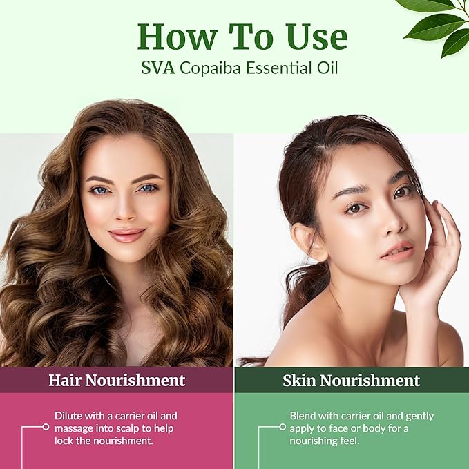 SVA Copaiba Essential Oil – 4 Fl Oz – 100% Natural Copaiba Oil - for Diffuser, Hair Care, Face, Skin Care, Aromatherapy, Scalp and Body Massage, Soap and Candle Making – with Dropper