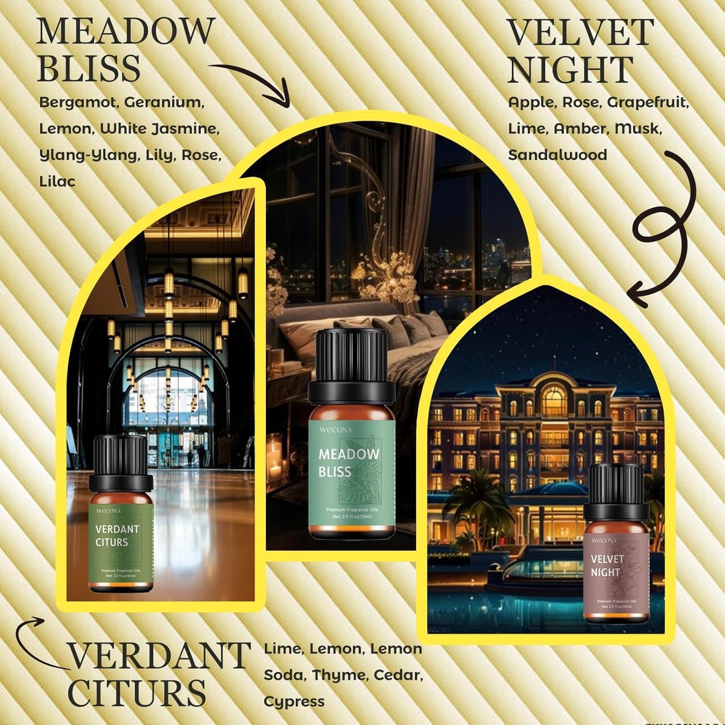 Premium Hotel Fragrance Oil Collection for Diffusers, Essential Oils for Diffusers for Home, Hotel Diffuser Fragrance Oils,Spa & Candle Making, White Tea, Citrus Luxe, Velvet Night and More - 6x10ml