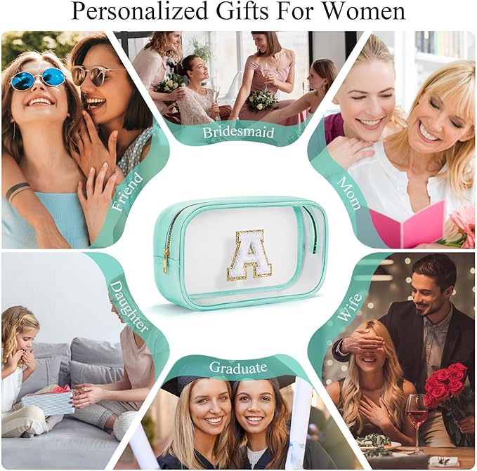 YOOLIFE Initial Make Up Bag Travel Toiletry Bag, Clear Makeup Bag Preppy Cosmetic Bags Organizer Travel Essentials Gifts for Women Teen Girlfriend Teacher Mom Birthday 12 Year Old Girl Gifts Blue T