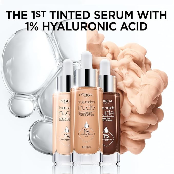 L'Oreal Paris True Match Nude Hyaluronic Tinted Serum Foundation with 1% Hyaluronic acid, Very Deep 10-12, 1 fl. oz.