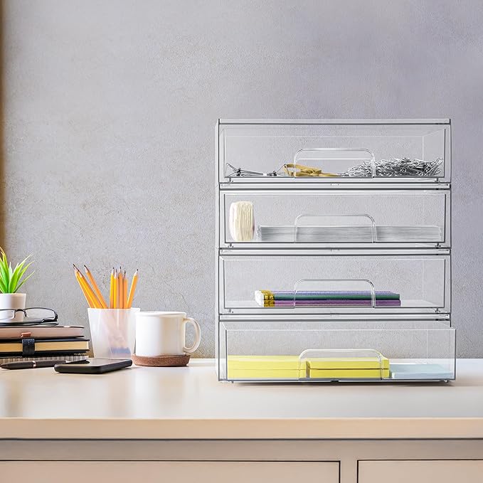 Sorbus Acrylic Storage Containers - 4 Pack, Stackable Storage Bins Set for Bathroom Organization - Clear Acrylic Drawer Organizers - Makeup Case Pull-Out Drawers (12.1’’ Wide)