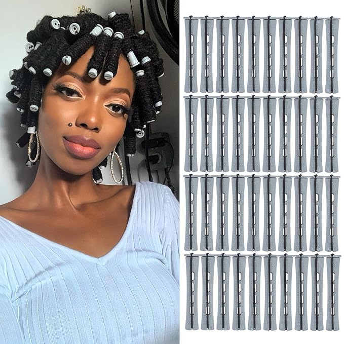 Perm Rods Set for Short Natural Hair 40pcs Gray Plastic Cold Wave Rods Hair Curling Rollers with Steel Pintail Comb Rat Tail DIY Hairdressing Tools（40pcs Gray）