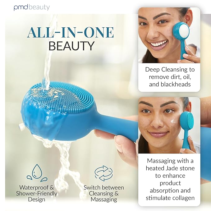 PMD Beauty Clean Pro Jade - Smart Facial Cleansing Device with Silicone Brush & Jade Gemstone ActiveWarmth Anti-Aging Massager - Waterproof - SonicGlow Vibration - Clear Pores & Blackheads