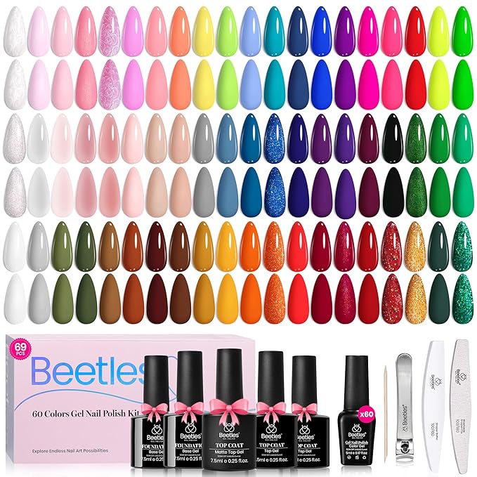 Beetles Gel Nail Polish Set, 60 Colors Fall Uv Gel Polish Kit Jelly Brown Glitter Nude Pink White Red Blue Green Color Nail Polish Base &Glossy Matte Top Coat Gift for Her Women