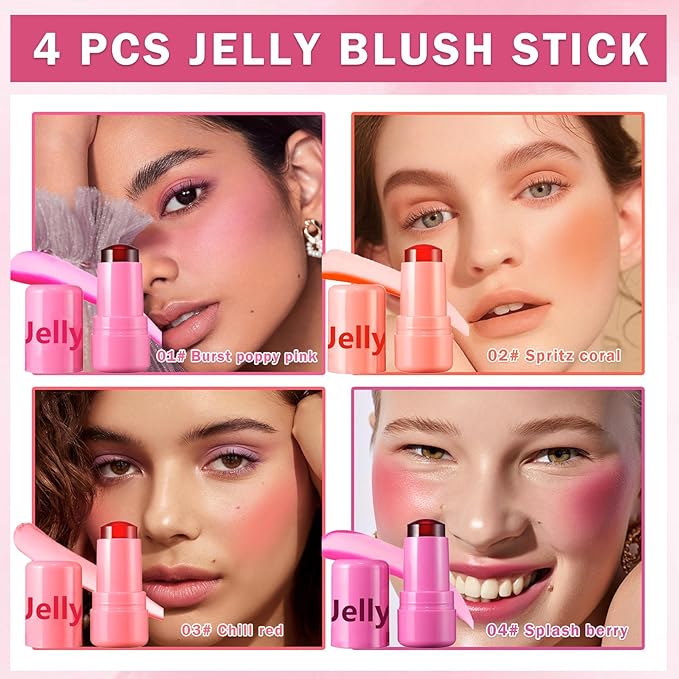 4PCS Cooling Water Jelly Tint Blush Stick for Cheeks,Multi-use Jelly Lip and Cheek Tint Stain,Moisturizing Natural Jelly Blush Stick,Buildable Watercolor Finish - Cruelty Free