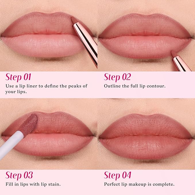 2 PCS Lip Liner and Lip Stain Combo Set, High Pigmented Long Lasting Velvet Lip Tint, Well-Defined Lipliner, Weightless Waterproof Not Animal Tested, Matte Finish Makeup