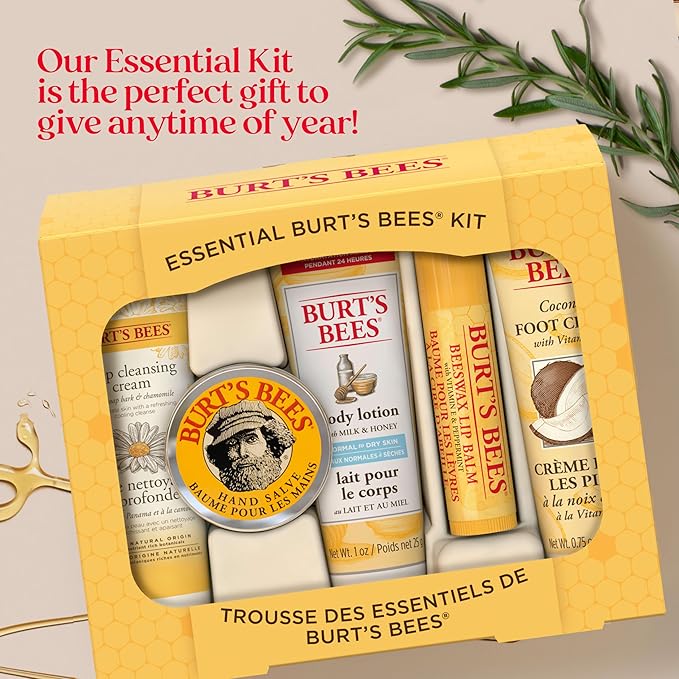 Burt's Bees Back to School Gifts Ideas, 5 Body Care College Dorm Products, Everyday Essentials Set - Original Beeswax Lip Balm, Deep Cleansing Cream, Hand Salve, Body Lotion & Foot Cream, Travel Size