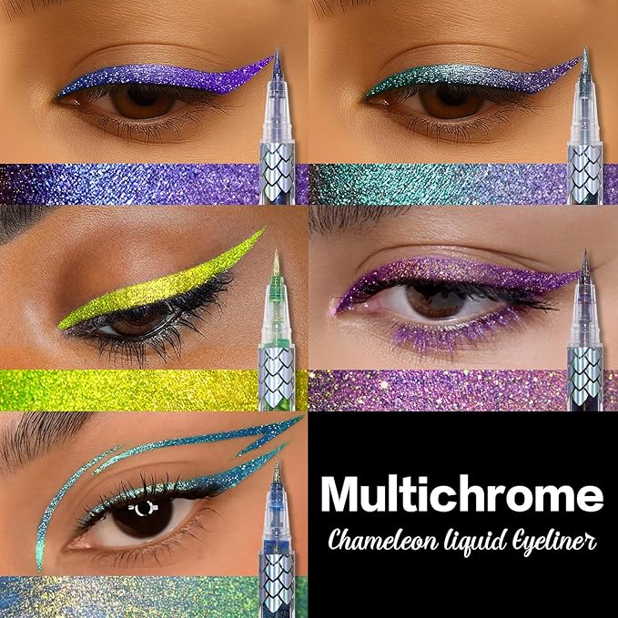 Chameleon Metallic Duochrome Liquid Eyeliner, Color Shifting Shimmery Eye Liner, Duo-color Waterproof Long Lasting Glitter Eye Makeup Pen Eyeliners (Aurora Glow)