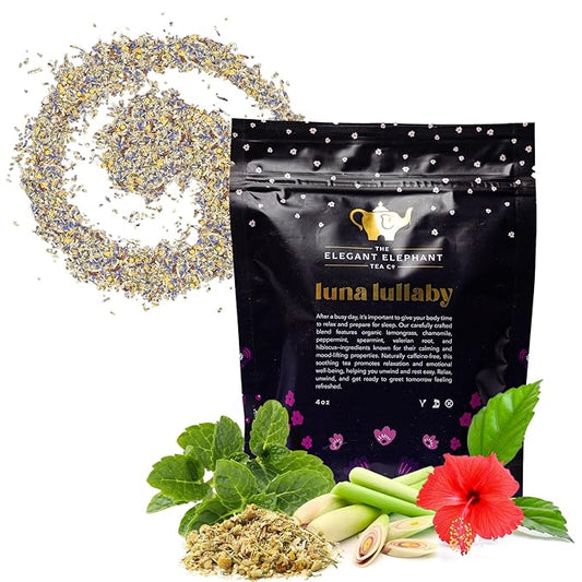 Luna Lullaby Sleep Tea, Organic Loose Leaf Herbal Tea – Calming, Relaxing Bedtime Tea – Chamomile, Valerian Root, Peppermint – 4 oz Resealable Bag (Makes 50 Cups) – The Elegant Elephant