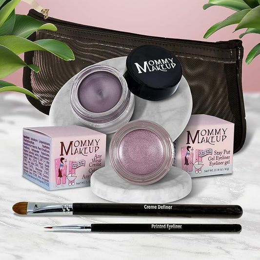 The Everlasting Eye 5 Piece Waterproof Makeup Set. Gel Eyeliner, Creme Eyeshadow, 2 brushes and Mesh Bag. Paraben-free, Talc-free, Cruelty-free. Elsa/Amethyst 1106