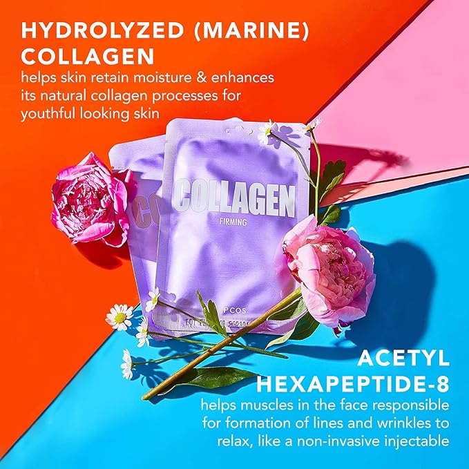 LAPCOS Collagen Sheet Mask, Firming Daily Face Mask with Collagen Peptides for Anti-Aging, Helps to Minimize Wrinkles, Restores Skin Elasticity & Firmness, Korean Beauty Favorite, 5-Pack