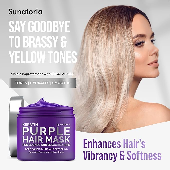 SUNATORIA New Keratin Purple Hair Mask- Blonde Hair Purple Toner - Repair & Nourishment Treatment For Bleached, Brassy Hair - Blue Hair Mask, No Yellow Tones - Deep Conditioner For Color Treated Locks