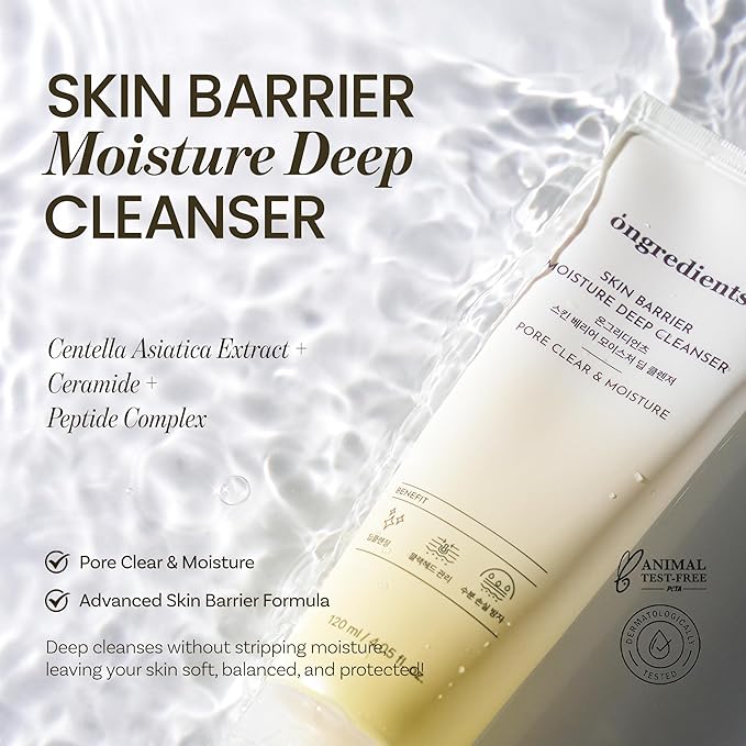 ONGREDIENTS Skin Barrier Moisture Deep Cleanser | Daily Face Wash for All Types | Centella, Peptide, AHA, LHA, Hydrating, Soothing, Pore Tightening | Vegan, Korean Skin Care 4.06 fl Oz