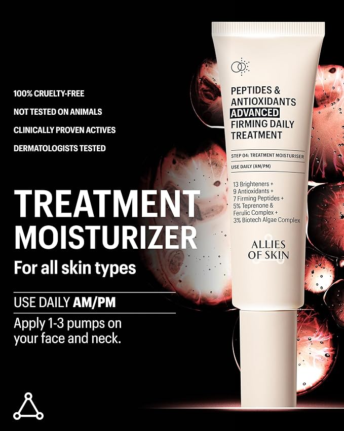 Allies of Skin Peptides & Antioxidants Advanced Firming Daily Treatment with 13 Brighteners, 9 Antioxidants, 7 Firming Peptides, 5% Teprenone & Ferulic Complex and 3% Biotech Algae Complex 48ml/1.6oz