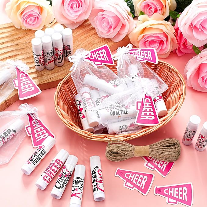 50 Sets Cheer Gifts Bulk 50 Cheer Lip Balm Bulk Moisturizing with 50 Organza Drawstring Gift Bags 50 tags Cheerleader Gifts Cheer Gifts Bulk for Team (Pink)