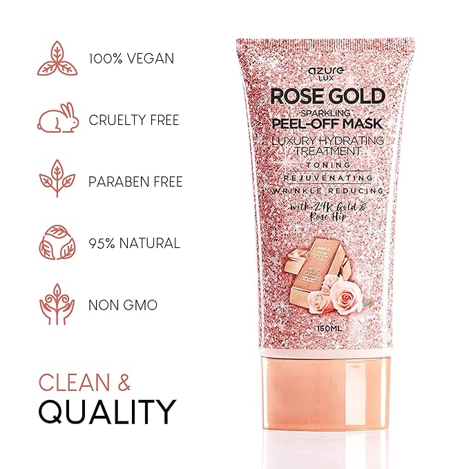 Azure Cosmetics Rose Gold Sparkling Peel-Off Face Mask – Luxury Hydrating & Firming Skincare with 24K Gold & Rose Hip Oil – Helps Reduce Fine Lines, Tone Skin & Improve Texture – 150 ml