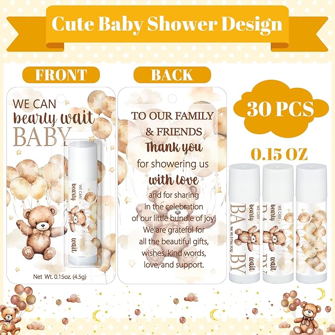 30 Pack Bear Baby Shower Party Gifts Favors Gifts Bulk Lip Balms for Guests Woman Man Entertainment Neutral Gender Reveal Favors Baby Shower Prizes Souvenirs Baby Gift Bags Stuffers