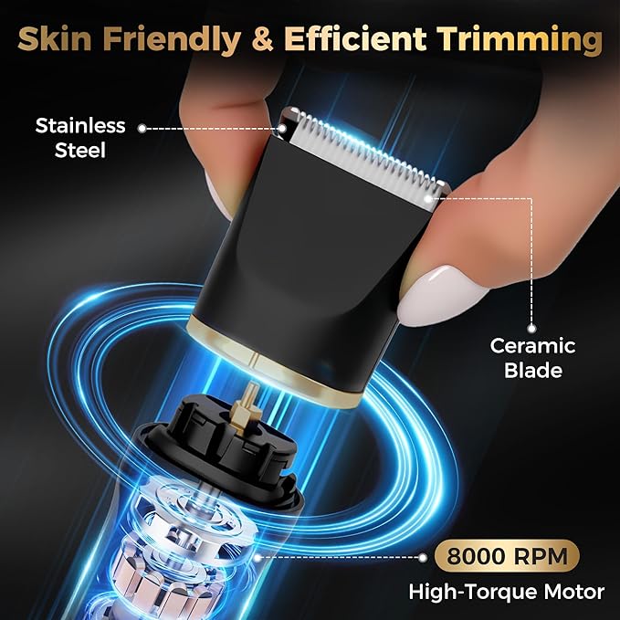 Bikini Trimmer for Women, 5-in-1 Waterproof Electric Razors for Women, Painless Pubic Hair Trimmer, Rechargeable Electric Shaver, Bikini Razor with Travel Case, Body Shaver & Face Nose Trimmer, Black