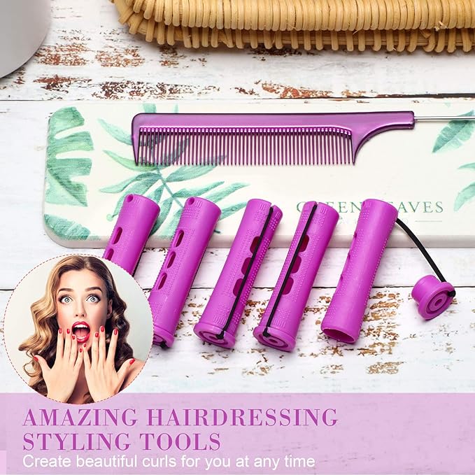 48 Pieces Hair Perm Rods Short Cold Wave Rods Plastic Perming Irons Hair Curling Rollers Curlers with Steel Pintail Comb Rat Tail Comb for Hairdressing Styling Supplies(0.75 Inch,Purple)