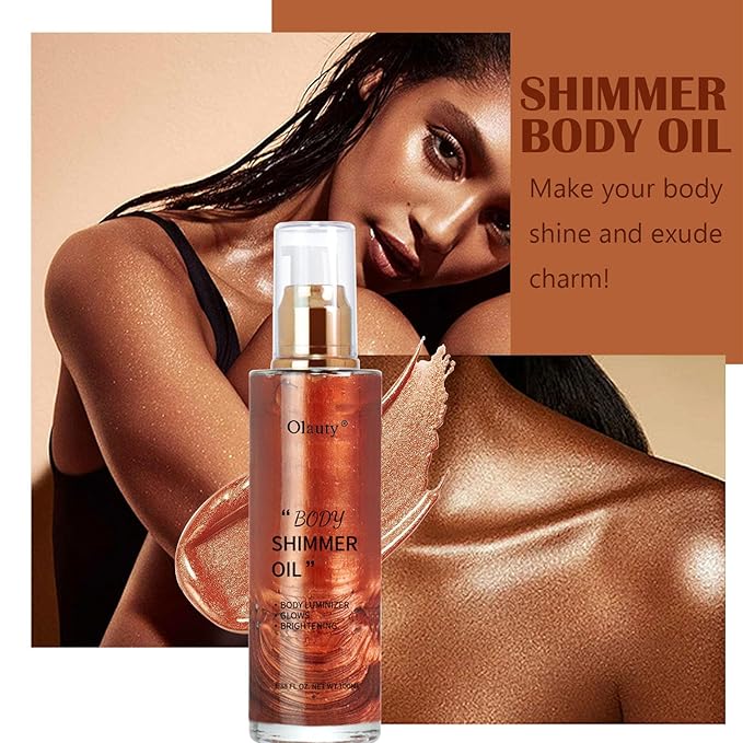 Shimmer Body Oil-Pearl White Face Brighten Glow Pearl Highlighter Liquid Illuminator Body Glow Oil,4 Color Bronze Makeup Glitter Body Shimmer Oil with Makeup Brush