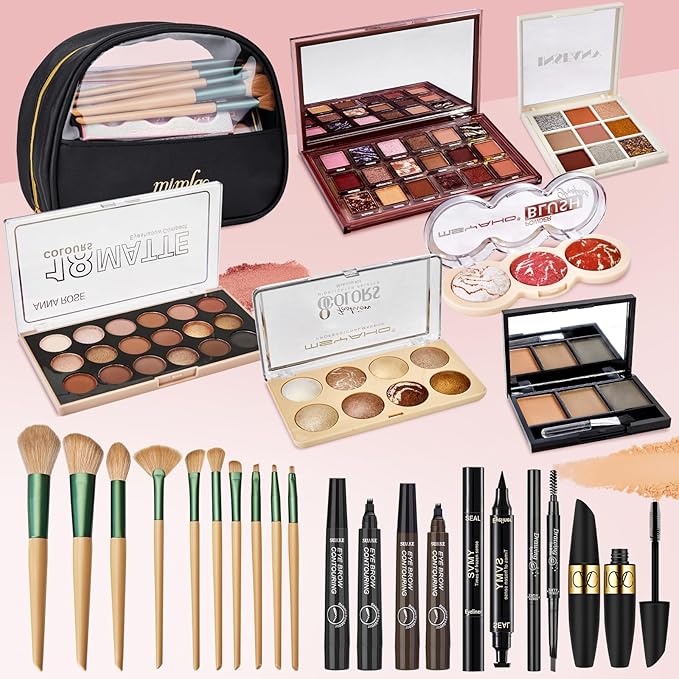 All In One Makeup Kit for Women, Travel Makeup Kit, Make Up Sets Valentine's Day Gift, Includes Eyeshadow Palette Highlighter Contour Blush Eyeliner Eyebrow Powder Mascara Cosmetic Brushes Makeup Set