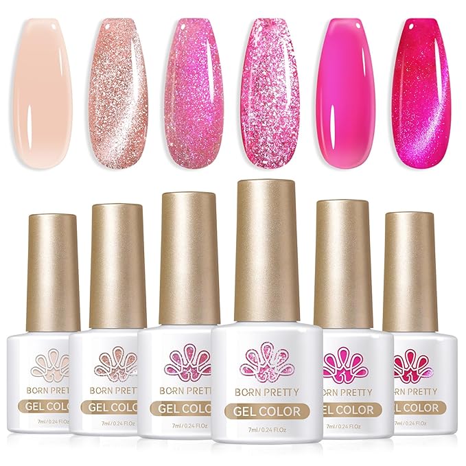 Born Pretty Gel Nail Polish Pink Series,Jelly Transparent Gel Polish, Cat Magnetic Eye,Holographic Glitter Hot Pink Nude Gel Polish for Salon Manicure and Nail Art DIY at Home 6 Colors