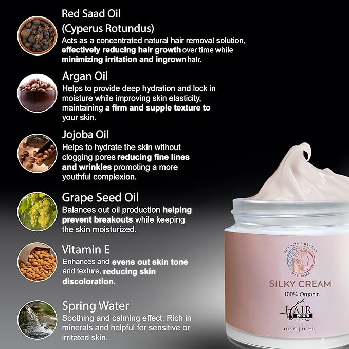 Silky Cream by Hadirose | Pure Red Saad Oil (Egyptian Cyperus Rotundus) | Organic Hair Removal Maintenance Cream | Prevent Ingrown Hair | Scented (Rose, Jasmine & Lavender) | Made in the USA.
