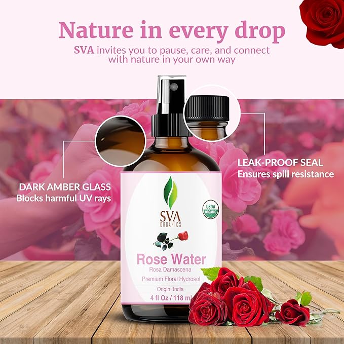 SVA ORGANICS Rose Water 4oz (118 ml) Refreshing Rose Water Spray for Skin Care, Skin Hydration, Bath, Soaps, Haircare & Aromatherapy