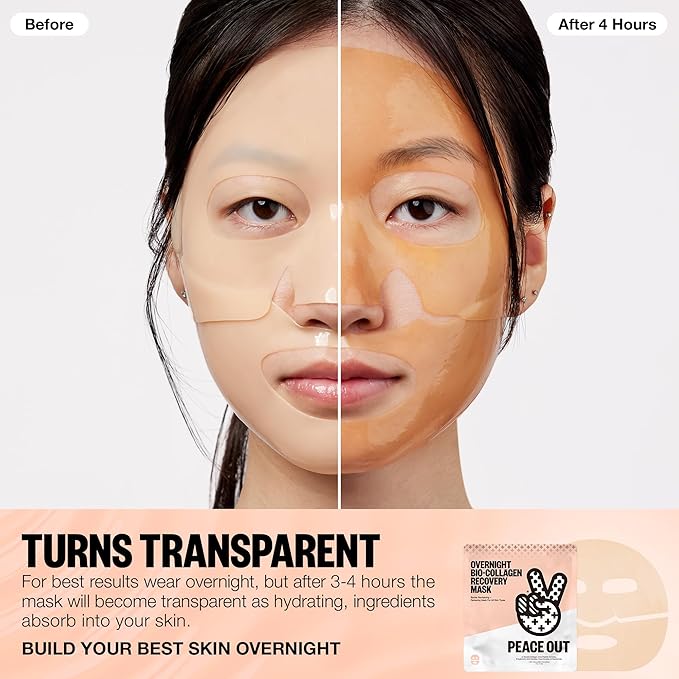 PEACE OUT Skincare Overnight Bio-Collagen Recovery Hydrating Face Mask to Calm Skin Irritation, Improves Skin Clarity with Hyaluronic Acid, 1 count
