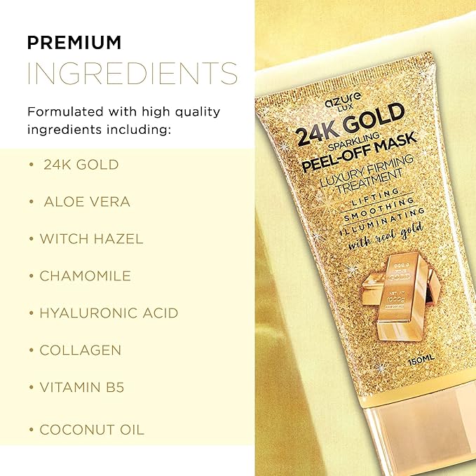 AZURE 24K Gold Firming Peel Off Face Mask - Anti Aging, Lifting, Illuminating & Revitalizing - Removes Blackheads, Dirt & Oil with Hyaluronic Acid & Collagen - Korean Skin Care - 150 mL - Pack of 2