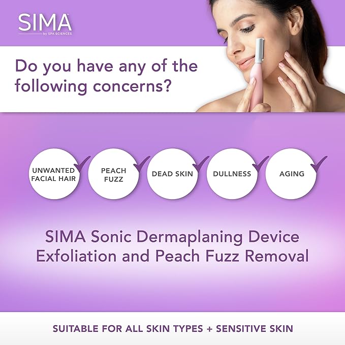 SPA SCIENCES - SIMA Patented Dermaplane Razor for Women Face – Painless 2-in-1 Facial Exfoliation & Peach Fuzz Hair Removal – Anti-Aging – 3 Speeds – Rechargeable – 7 Weeks Treatment