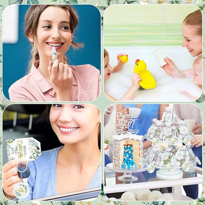 60 Sets 360 Pcs Lip Balm Soap Keychain Favors Eucalyptus Greenery Baby Shower Favors with Organza Bag Gift Card Faux Eucalyptus Greenery for Baby Shower Gift Gender Reveal Guest Prize