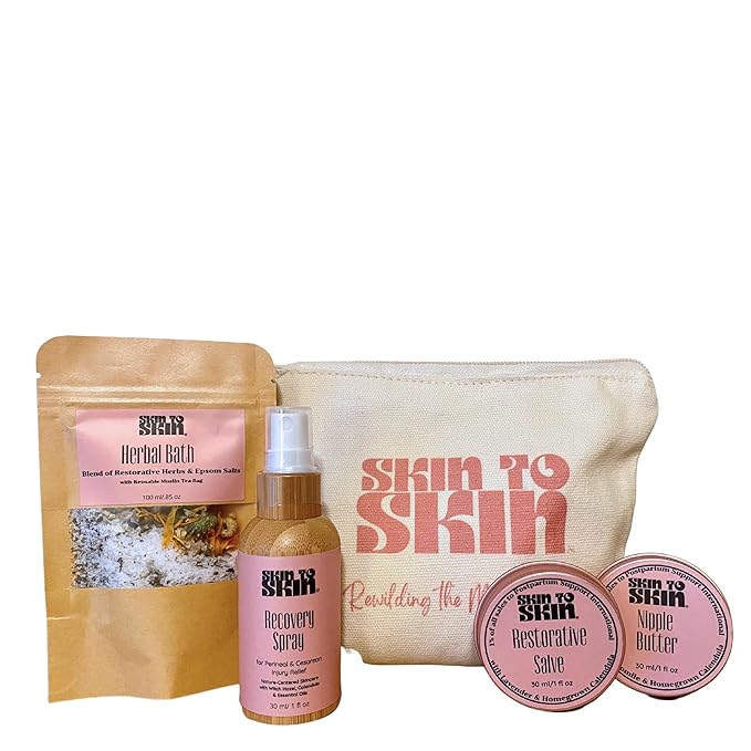 Skin to Skin Postpartum Kit-4 Piece Set in Cosmetic Bag - Postpartum Recovery - Includes: Herbal Bath, Recovery Spray, Restorative Salve, and Nipple Butter - Postpartum Care Kit - After Birth Care Kit