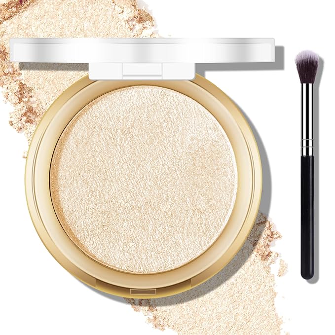 Baked Highlighter Powder Palette, Makeup Highlighter Powder Palette Sheer Shimmering Finish Face Highlighters Makeup Iluminadores de Maquillaje #03 Sun Glow