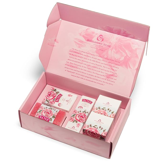 Bulgarian Rose Moisturizing Daily Regimen 5 Piece Gift Set - Rose Day Cream, Rose Night Cream, Exfoliating Face Mask, Rose Soap, Rose Soap Sponge