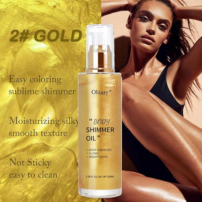 Shimmer Body Oil-Gold Face Brighten Glow Pearl Highlighter Liquid Illuminator Body Glow Oil,4 Color Bronze Makeup Glitter Body Shimmer Oil with Makeup Brush