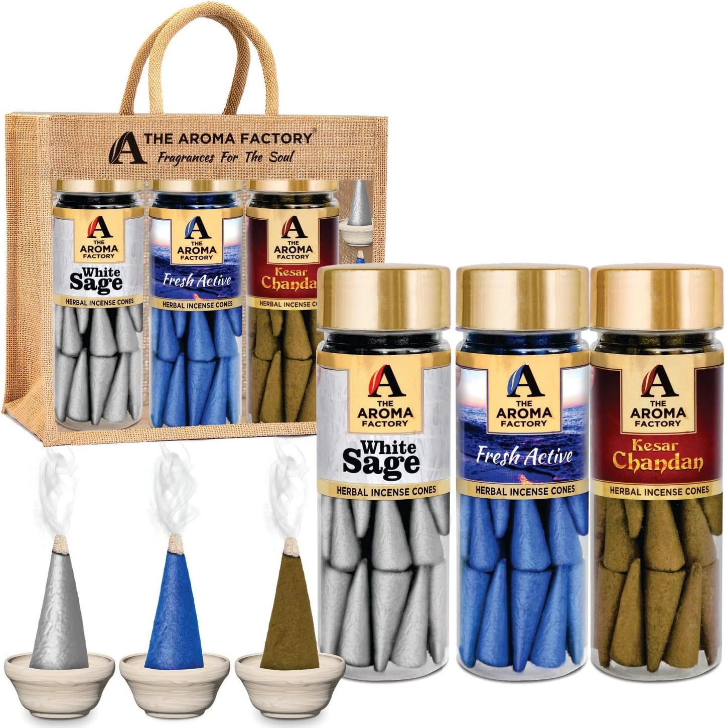 The Aroma Factory Organic Incense Dhoop Cones 3x30 Cones Jute Gift Set with Holder (Exotic Healing)
