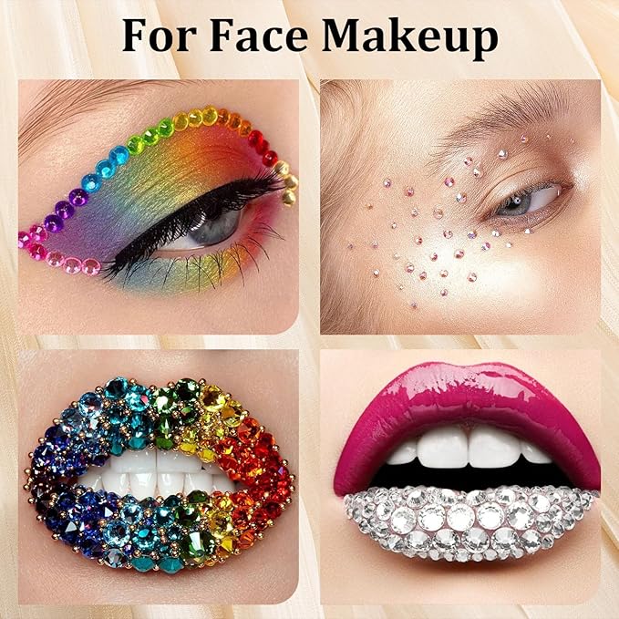 Colorful Face Gems for Makeup Set, Flatback Gorgeous Charming Mixed-Colored Crystals with Makeup Glue+Picker Pencil+Tweezer for Eye Body Hair Make-up and Nail Art Deco