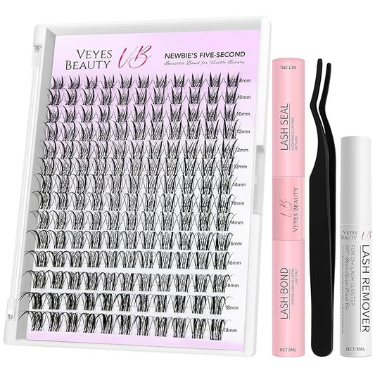 VEYESBEAUTY Lash Clusters Kit Eyelash Extensions Thin & Invisible Band DIY Individual False Eyelashes Newbie's Five-Second Series Lash Tray for Self-application, Sylph Lashes 8-18mm Mixed Length